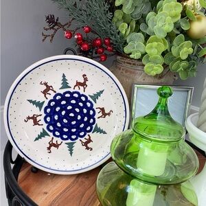 Vintage pair of Boleslawiec polish pottery Reindeer Pines Ceramic Plate .
